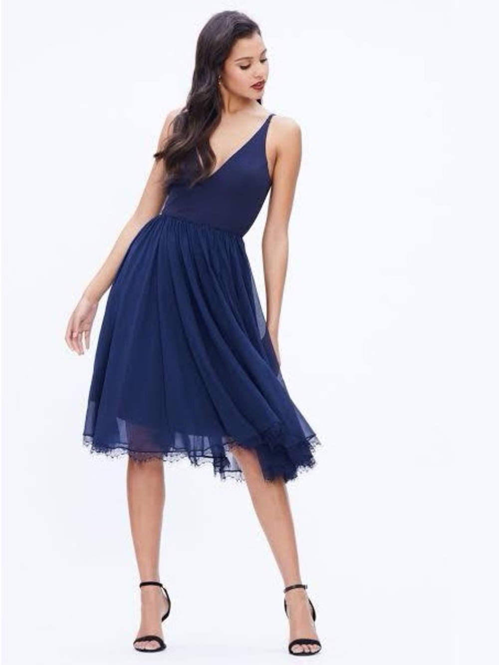 Dress the Population Navy V-Neck Spaghetti-Strap Midi Dress